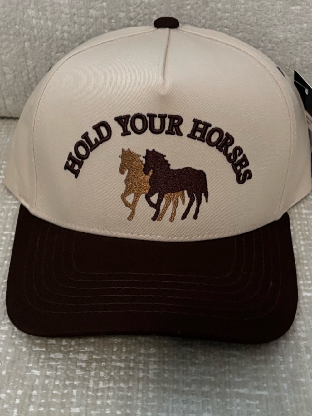 'Hold Your Horses' Embroidered Trucker Hat - Cream & Brown